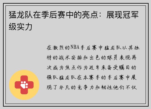 猛龙队在季后赛中的亮点：展现冠军级实力